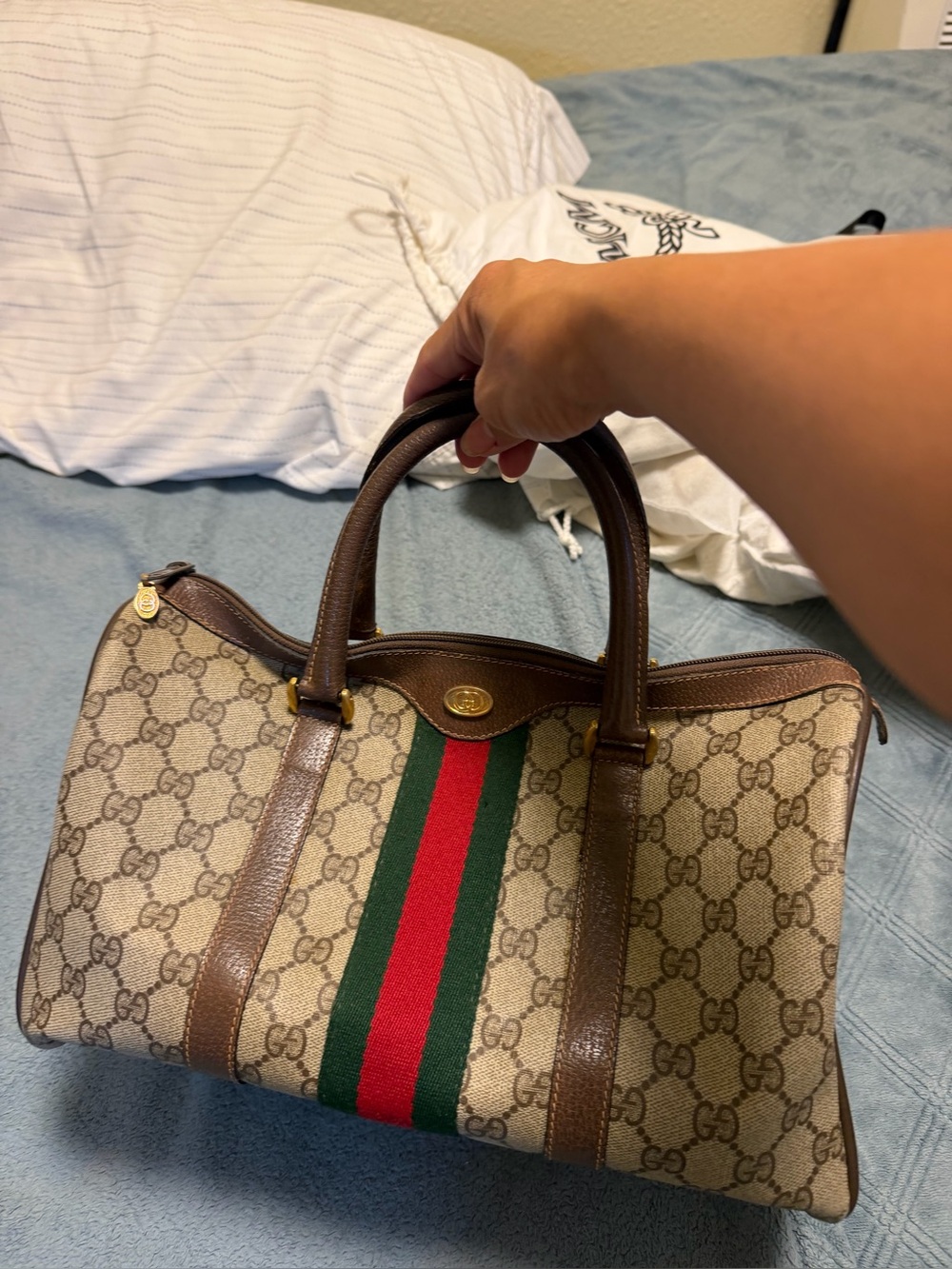 Gucci Beige GG Canvas Satchel with Green-Red Web Stripe and Brown Leather